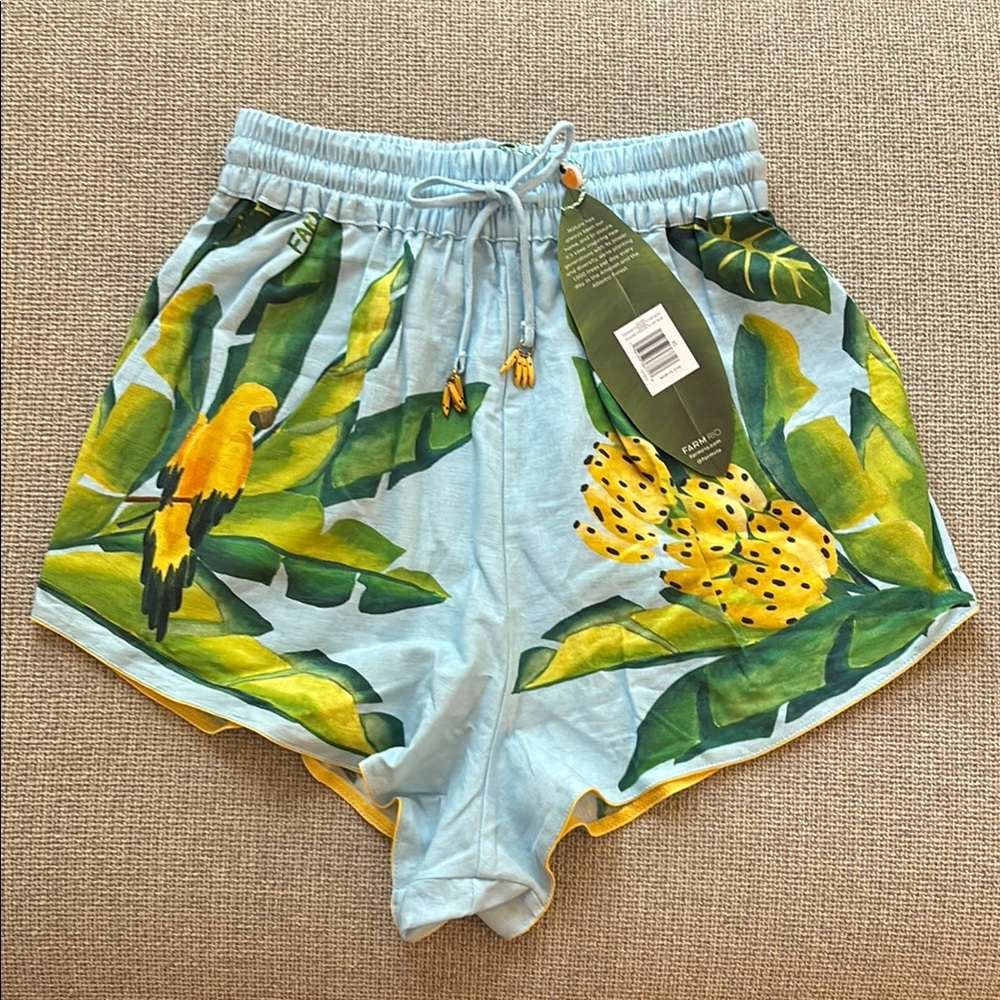 NWT Farm Rio summer foliage scarf blue shorts
